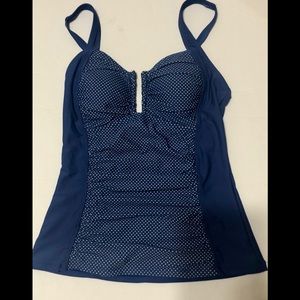Blue Swimsuit top with white polka dots